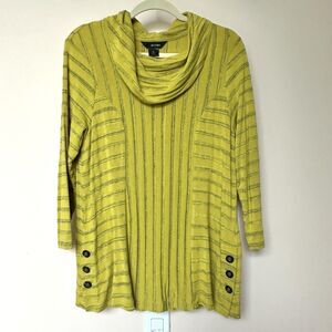 Ali Miles Top Med Yellow-Green Knit Cowl Neck Artsy Lagenlook Striped